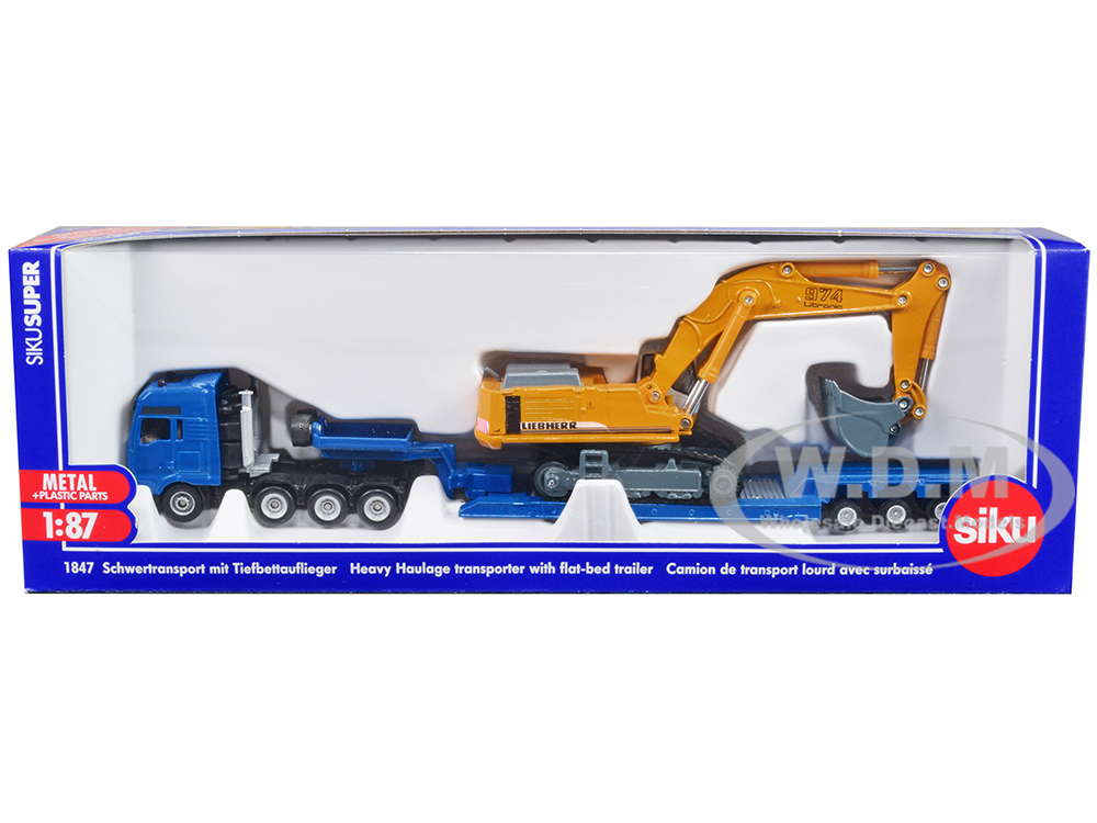 Heavy Haulage Flatbed Transporter Blue and Liebherr 974 Litronic Excavator Yellow 1/87 (HO) Diecast Models by Siku