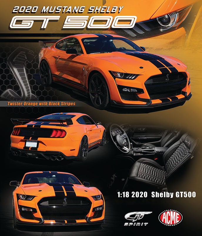 Image of 2020 Ford Mustang Shelby GT500 Twister Orange with Black Stripes 1/18 Model Car by GT Spirit for ACME