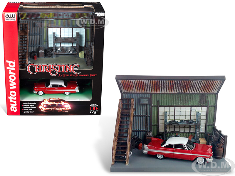 1958 Plymouth Fury Red With "darnells Garage" Scenic Display Diorama From "christine" (1983) Movie 1/64 Diecast Model By Autoworld