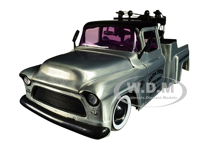 Image of 1955 Chevrolet Stepside Tow Truck Raw Metal with Black Top "Kustom Kings" "Jada 20th Anniversary" 1/24 Diecast Model Car by Jada
