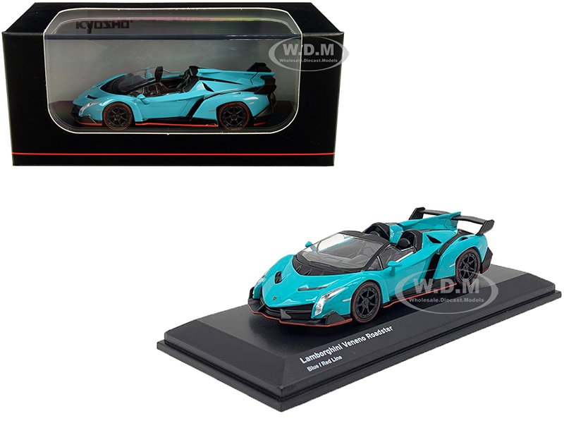 Lamborghini Veneno Roadster Light Blue with Red Line 1/64 Diecast Model Car by Kyosho