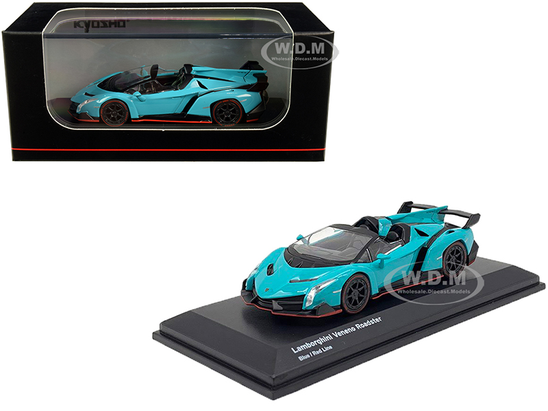 Lamborghini Veneno Roadster Light Blue With Red Line 1/64 Diecast Model Car By Kyosho