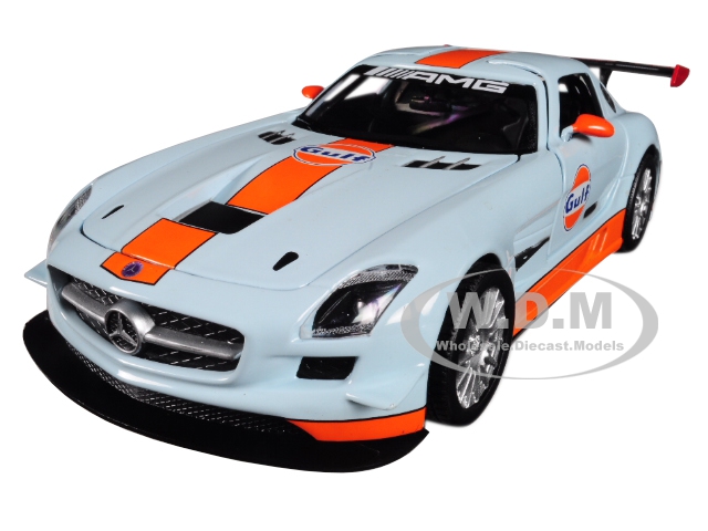 Mercedes Benz SLS AMG GT3 with Gulf Livery Light Blue with Orange Stripe 1/24 Diecast Model Car by Motormax