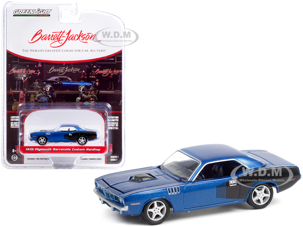 1970 Plymouth Barracuda Custom Hardtop Blue Metallic and Black with Modern HEMI Lettering (Lot #720) Barrett Jackson Scottsdale Edition Series 7 1/64 Diecast Model Car by Greenlight