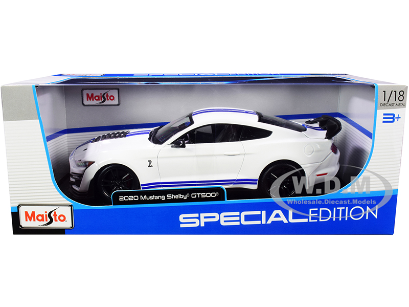 2020 Ford Mustang Shelby GT500 White with Blue Stripes "Special Edition" 1/18 Diecast Model Car by Maisto