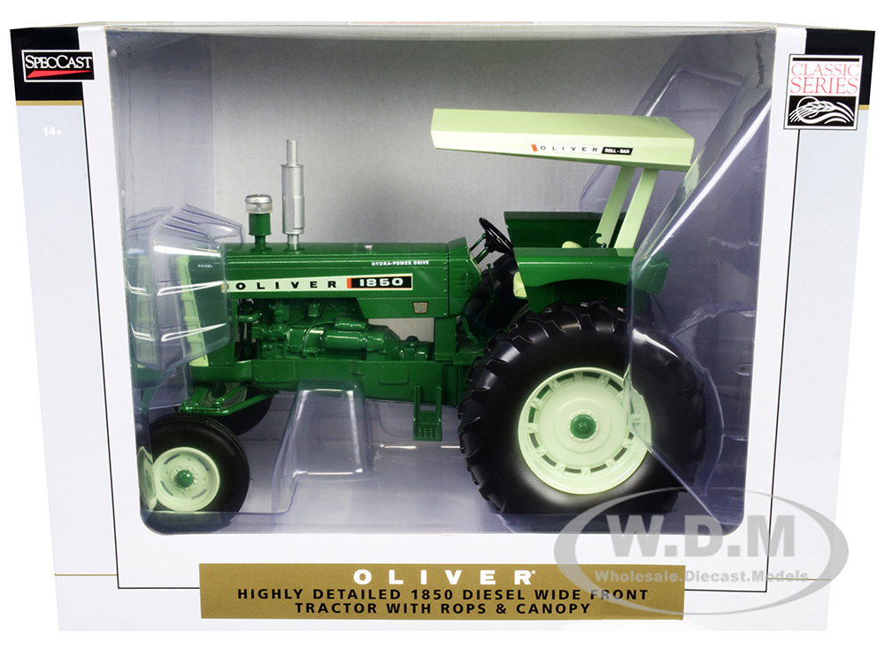 Oliver 1850 Diesel Wide Front Tractor With ROPS And Canopy Green With Light Green Top Classic Series 1/16 Diecast Model By SpecCast