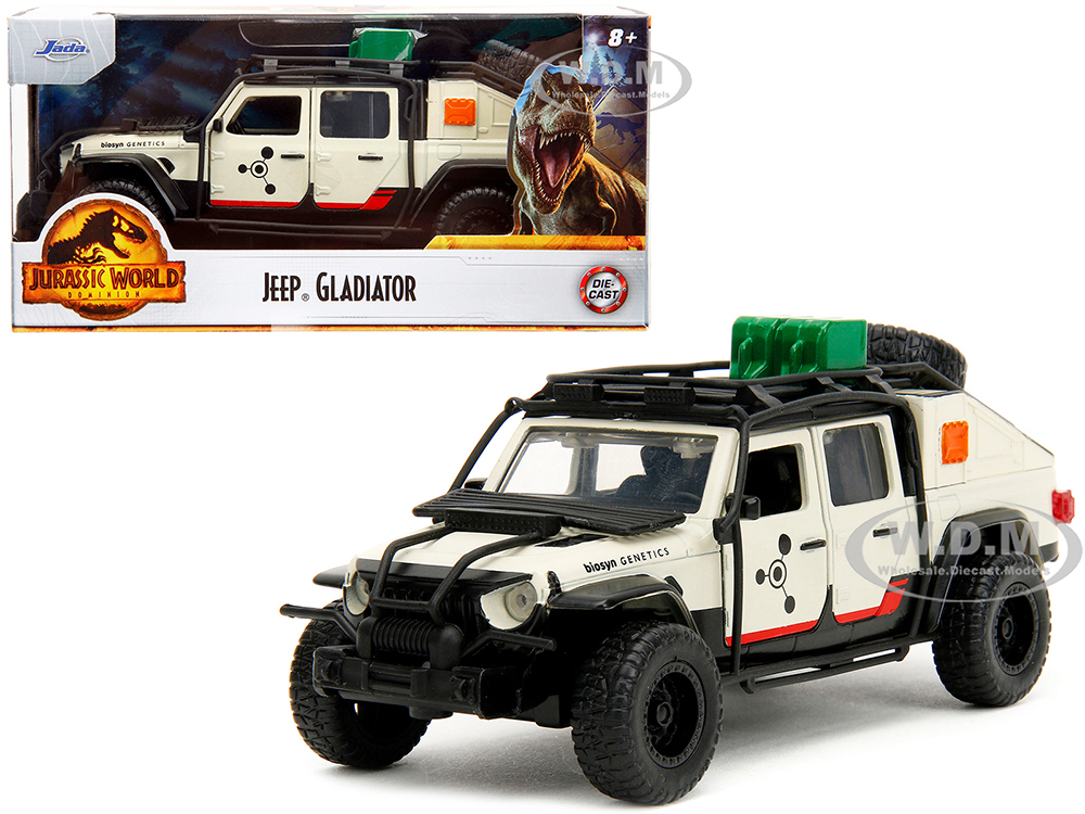 Jeep Gladiator Pickup Truck with Equipment Shell Beige with Graphics "Biosyn Genetics" "Jurassic World Dominion" (2022) Movie "Hollywood Rides" Serie