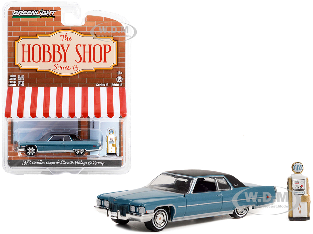 1972 Cadillac Coupe DeVille Blue with Black Top and Vintage Gas Pump The Hobby Shop Series 13 1/64 Diecast Model Car by Greenlight