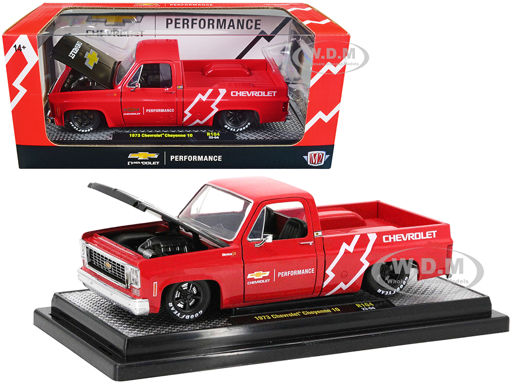 1973 Chevrolet Cheyenne 10 Pickup Truck Bright Red with Black Hood Chevrolet Performance Limited Edition to 7250 pieces Worldwide 1/24 Diecast Model Car by M2 Machines