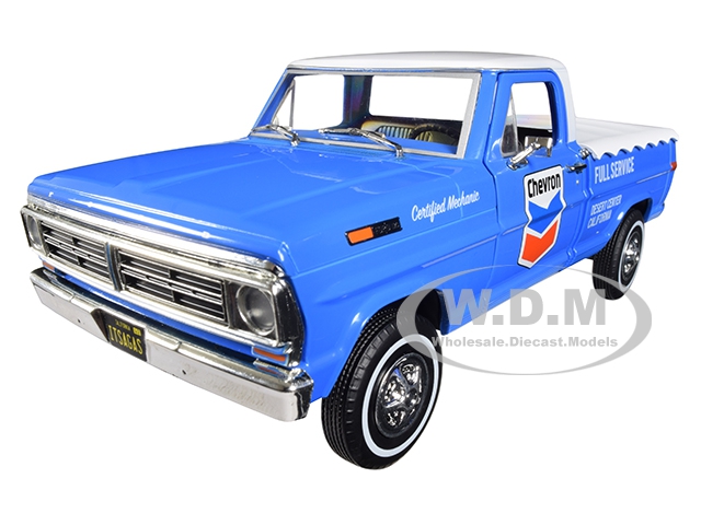 1967 Ford F-100 with Bed Cover "Chevron Full Service" Blue with White Top Running on Empty Series 1/24 Diecast Model Car by Greenlight
