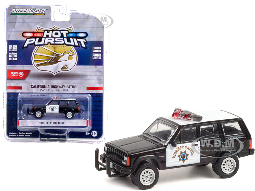 1993 Jeep Cherokee Black and White CHP "California Highway Patrol" (California) "Hot Pursuit" Series 38 1/64 Diecast Model Car by Greenlight