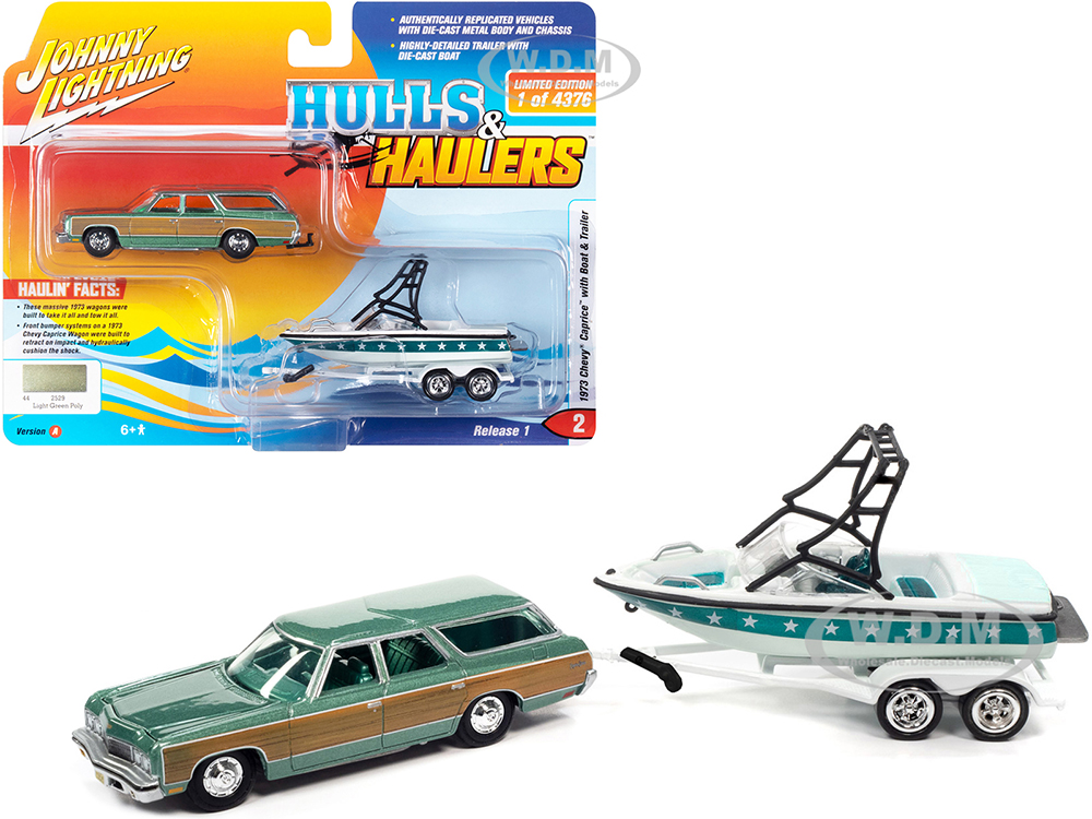 1973 Chevrolet Caprice Wagon Light Green Metallic with Woodgrain Sides with Mastercraft Boat and Trailer Limited Edition to 4376 pieces Worldwide 