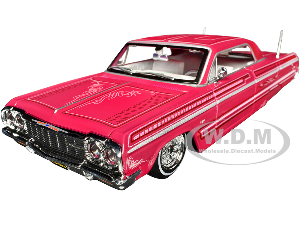 1964 Chevrolet Impala SS Lowrider Pink with Graphics and White Interior Lowriders Maisto Design Series 1/26 Diecast Model Car by Maisto