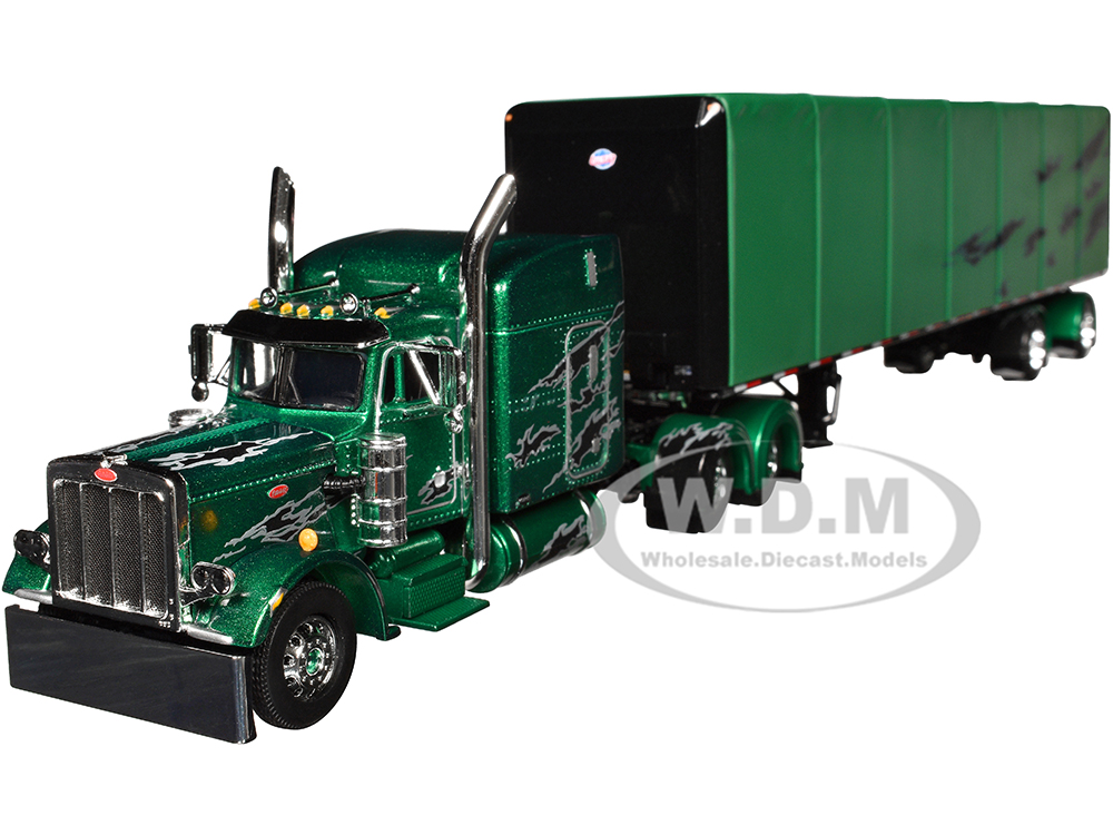Peterbilt 359 with 63 Mid-Roof Sleeper and Utility Roll Tarp Trailer Green Metallic with Black Graphics 1/64 Diecast Model by DCP/First Gear