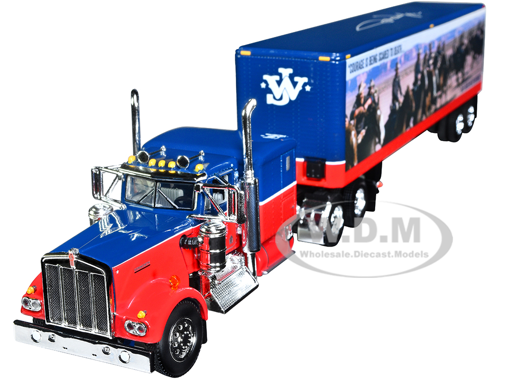 Kenworth W900A with 60" Sleeper and 40 Vintage Trailer "John Wayne Courage" Dark Blue and Red 1/64 Diecast Model by DCP/First Gear
