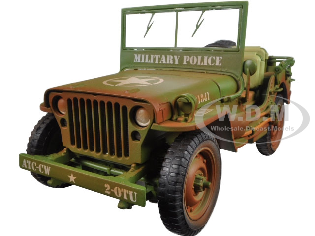 Us Army Wwii Jeep Vehicle Military Police Green Weathered Version 1/18 Diecast Model Car By American Diorama