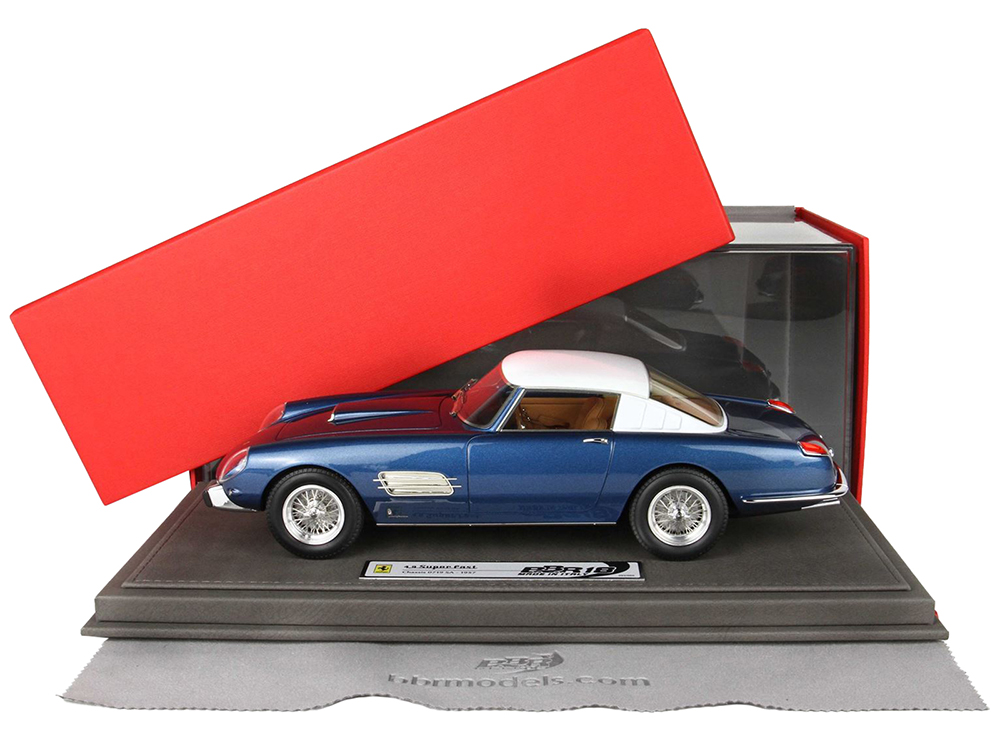 1957 Ferrari Superfast 4.9 Light Blue Metallic with White Top with DISPLAY CASE Limited Edition to 500 pieces Worldwide 1/18 Model Car by BBR