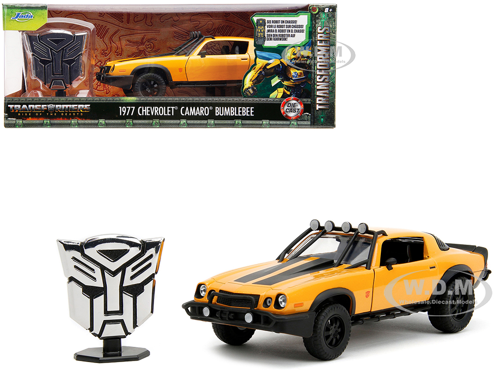 1977 Chevrolet Camaro Off-Road Version "Bumblebee" Yellow Metallic with Black Stripes and Transformers Logo Diecast Statue "Transformers Rise of the