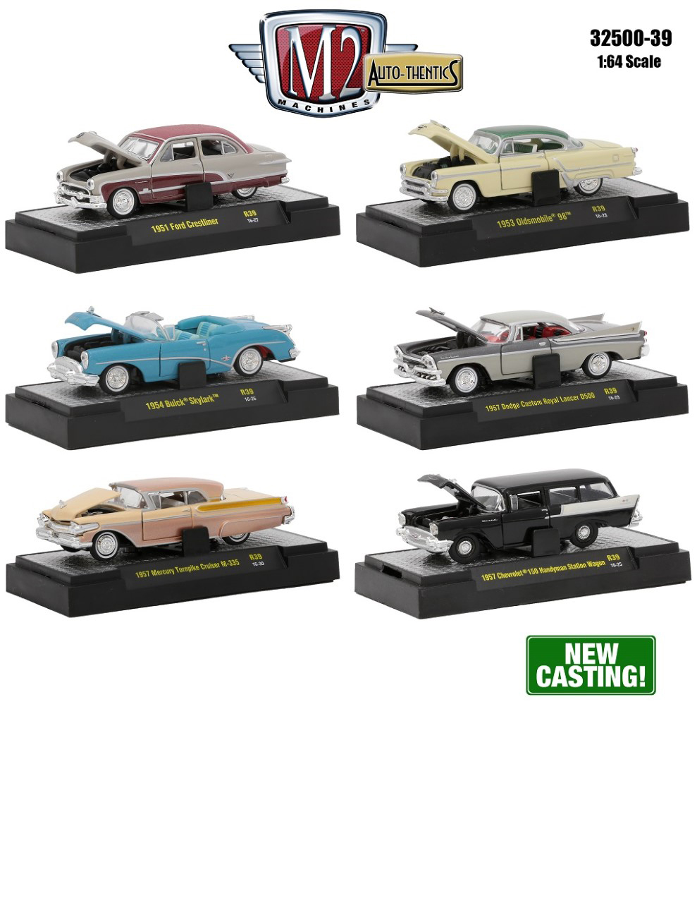 Auto Thentics 6 Piece Set Release 39 IN DISPLAY CASES 1/64 Diecast Model Cars by M2 Machines