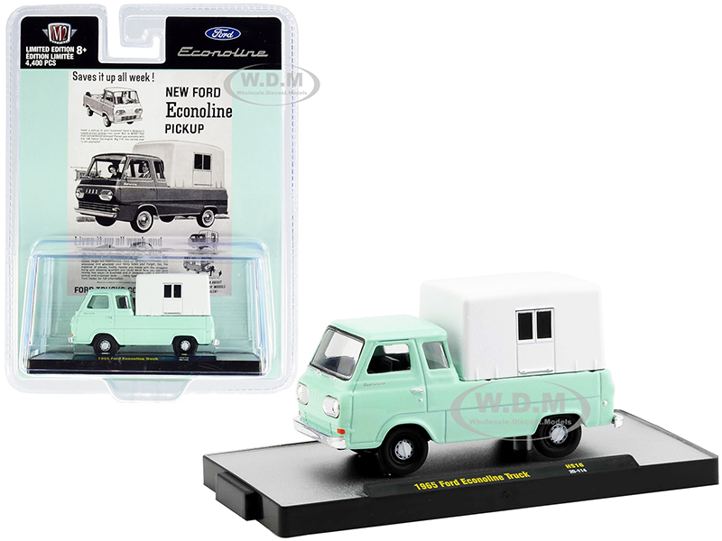 1965 Ford Econoline Pickup Truck with Camper Shell Mint Green and White Limited Edition to 4400 pieces Worldwide 1/64 Diecast Model Car by M2 Machines