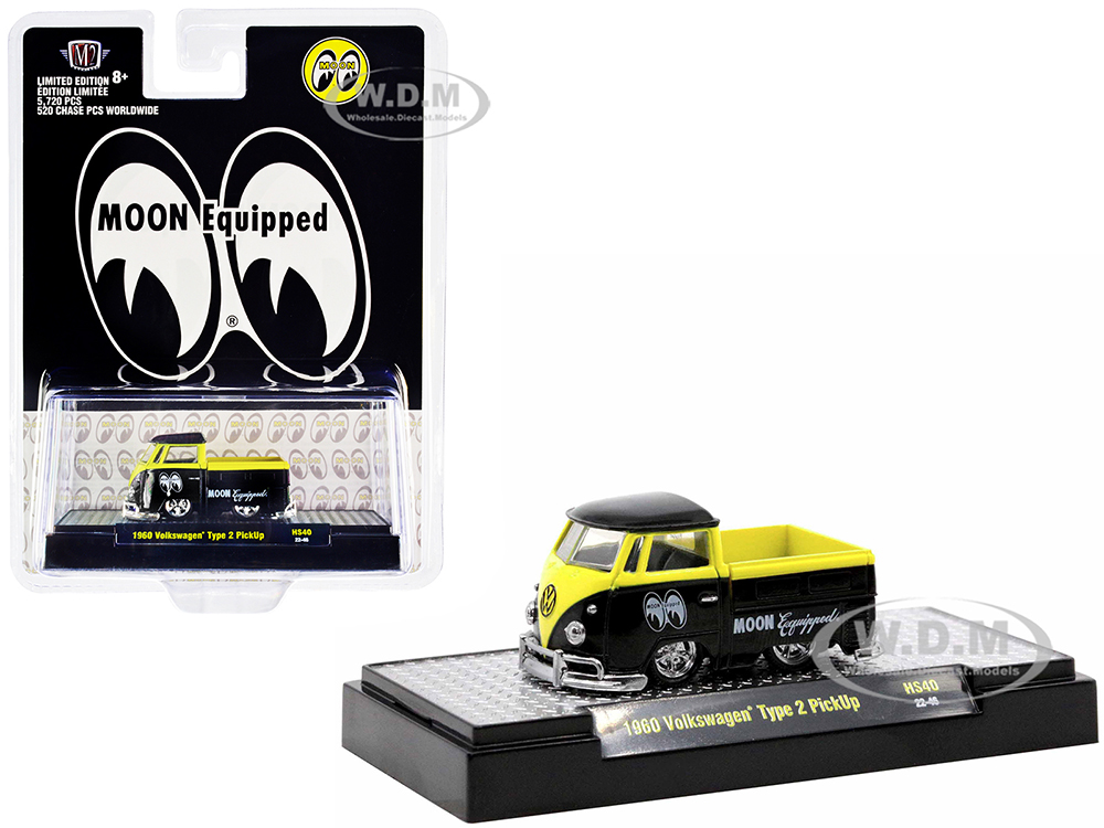 1960 Volkswagen Type 2 Pickup Truck Black and Bright Yellow Mooneyes: Moon Equipped Limited Edition to 5720 pieces Worldwide 1/64 Diecast Model Car by M2 Machine