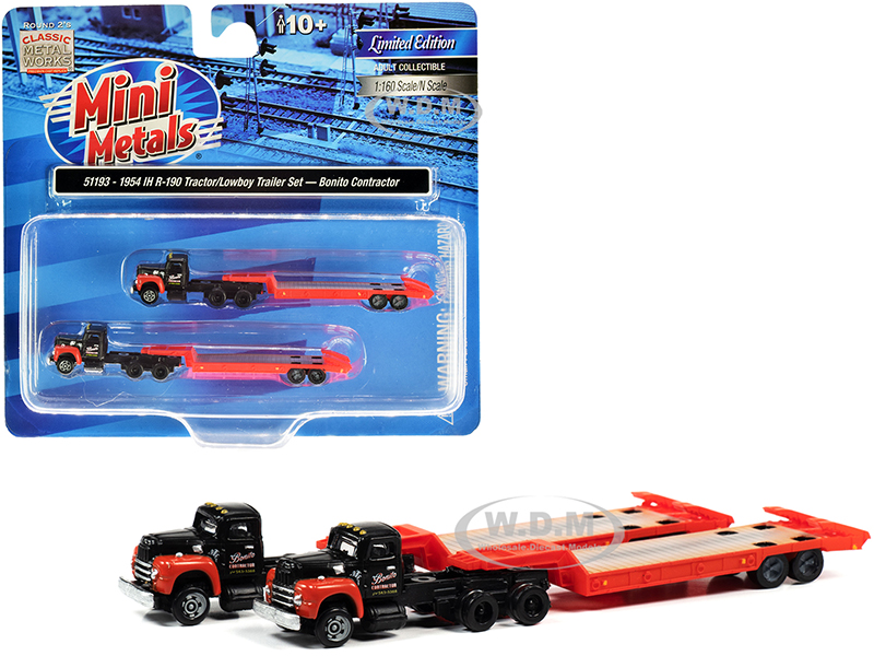 Image of 1954 IH R-190 Tractor Truck with Lowboy Trailer "Bonito Contractor" Black and Red Set of 2 pieces 1/160 (N) Scale Models by Classic Metal Works