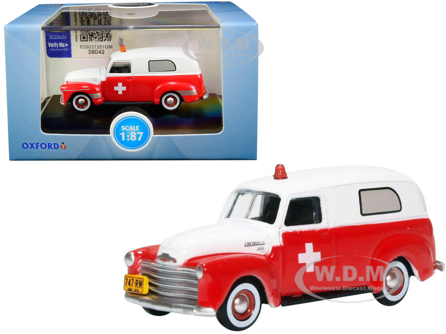 1950 Chevrolet Panel Van "Ambulance" Red and White 1/87 (HO) Scale Diecast Model Car by Oxford Diecast