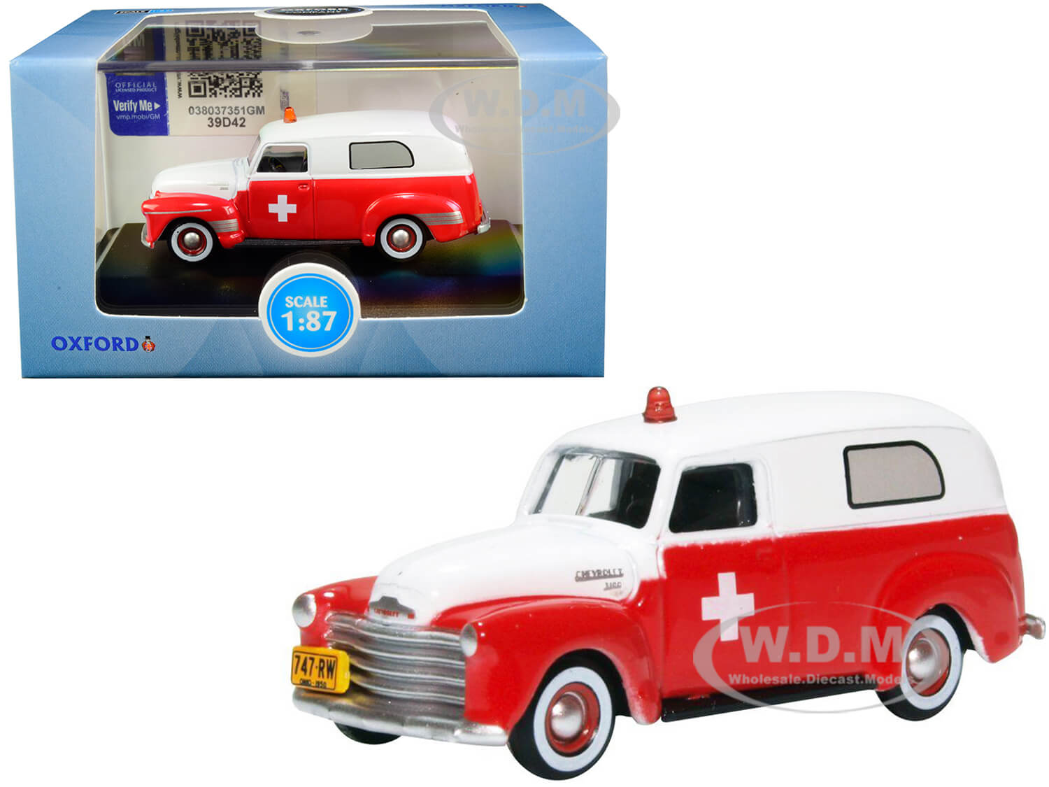 Image of 1950 Chevrolet Panel Van "Ambulance" Red and White 1/87 (HO) Scale Diecast Model Car by Oxford Diecast