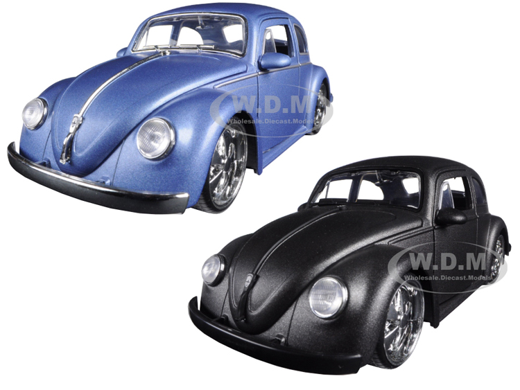 1959 Volkswagen Beetle Matt Blue & Matt Gray 2 Cars Set 1/24 Diecast Model Cars By Jada