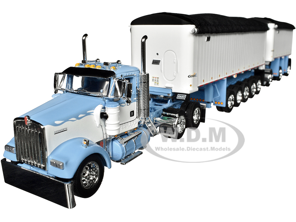 Kenworth W900L Day Cab and East Michigan Series 31 and 20 End Dump Trailers Wisteria Blue and White 1/64 Diecast Model by DCP/First Gear