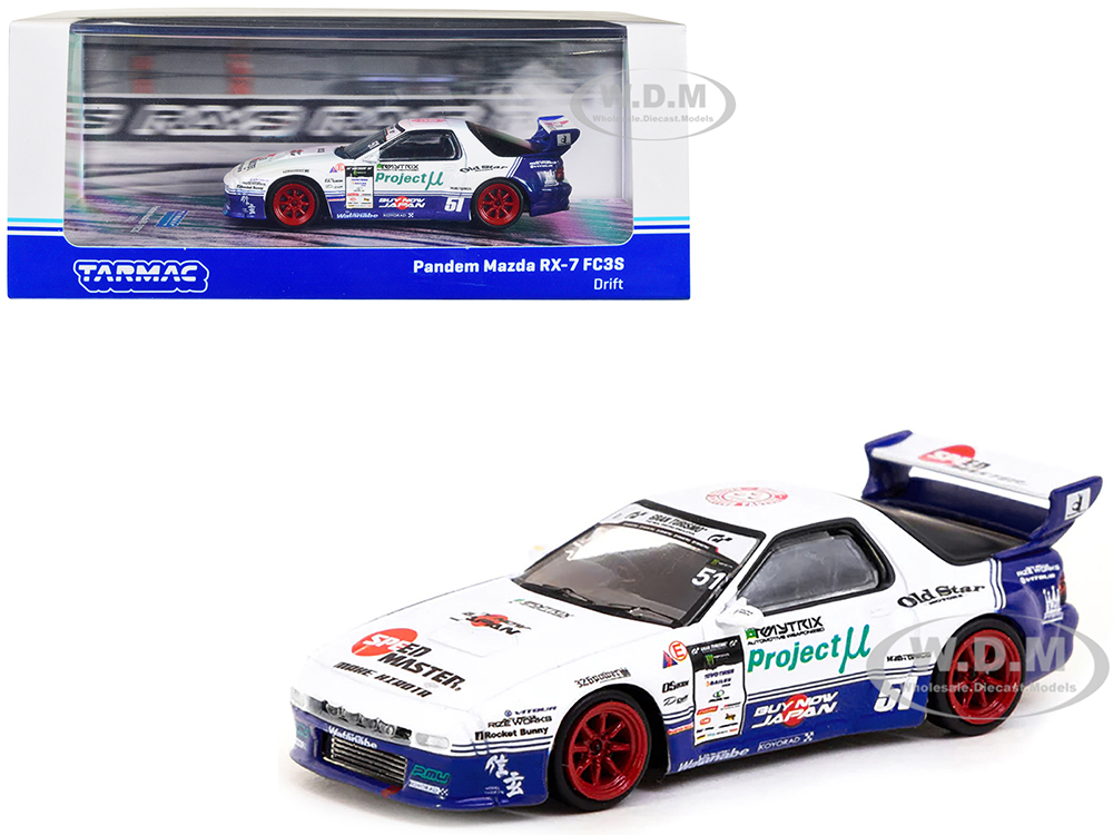 Mazda RX-7 FC3S RHD (Right Hand Drive) 51 White And Blue With Graphics Pandem Drift Car Hobby64 Series 1/64 Diecast Model Car By Tarmac Works