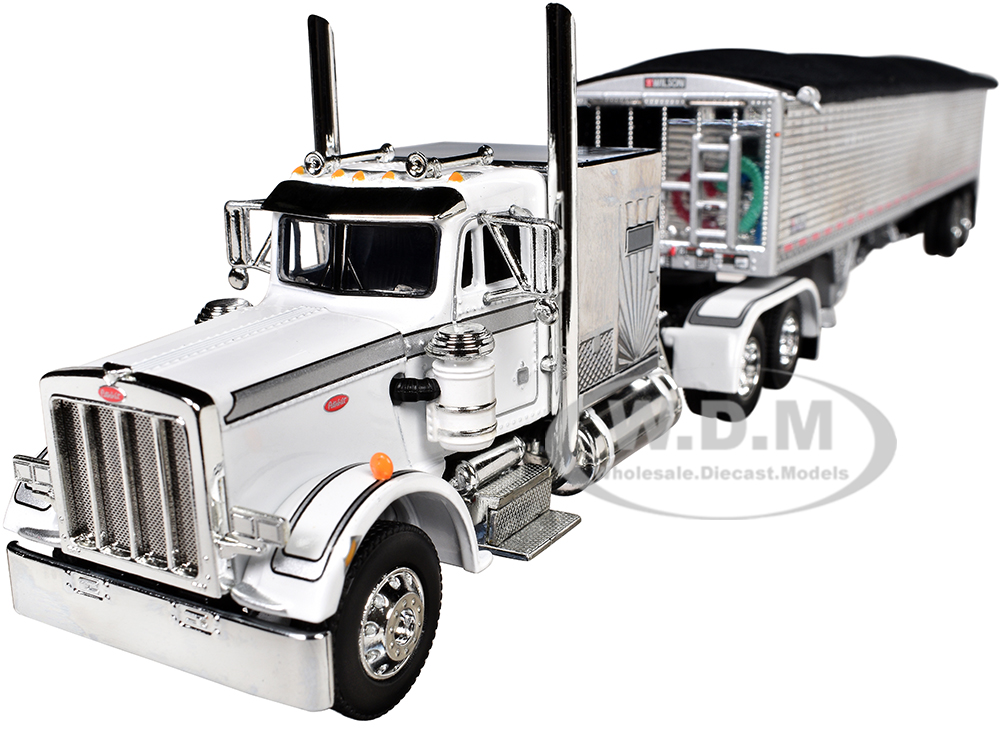 Peterbilt 359 with 60" Vintage Sleeper and 43 Wilson High Side Grain Trailer White and Chrome 1/64 Diecast Model by DCP/First Gear