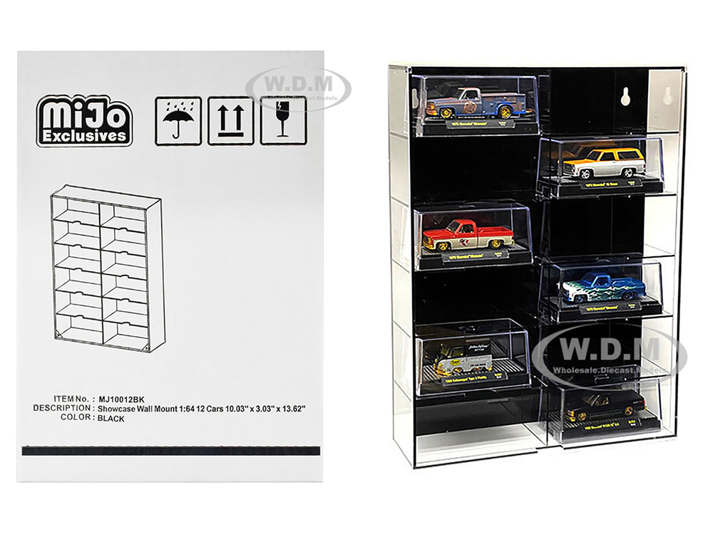 Showcase 12 Car Display Case Wall Mount with Black Back Panel and Extra Space "Mijo Exclusives" for 1/64 Scale Models