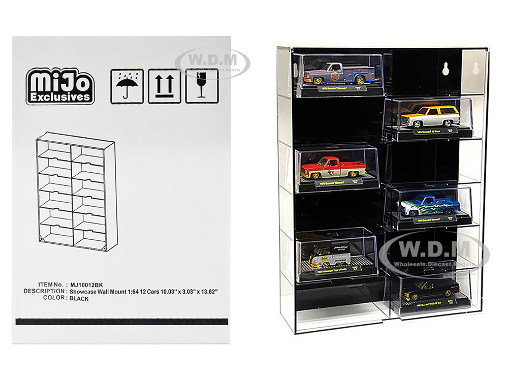 Showcase 12 Car Display Case Wall Mount with Black Back Panel and Extra Space 