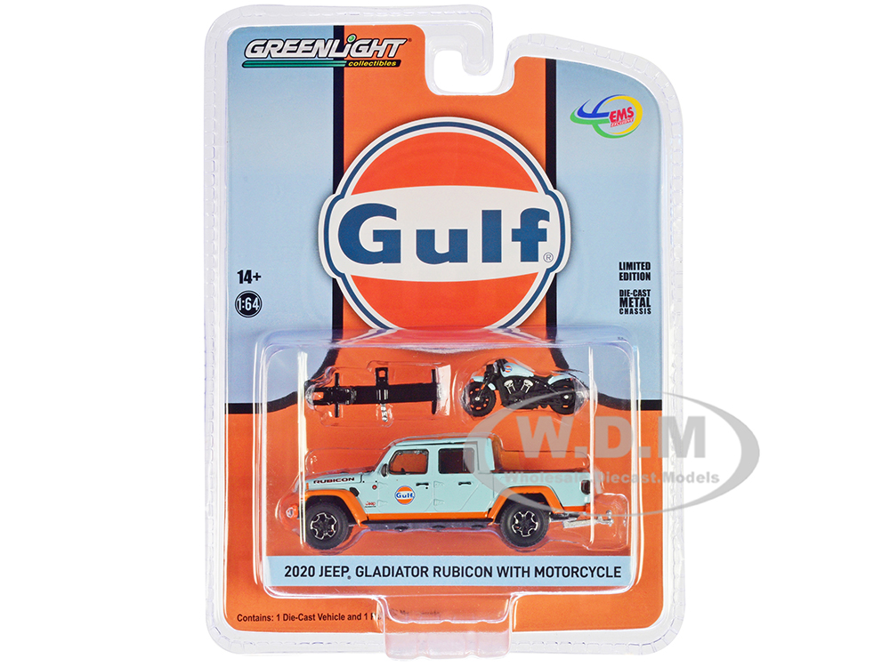 2020 Jeep Gladiator Rubicon Pickup Truck Light Blue with Orange Stripes "Gulf Oil" with Motorcycle and Hitch Rack 1/64 Diecast Model Car by Greenligh