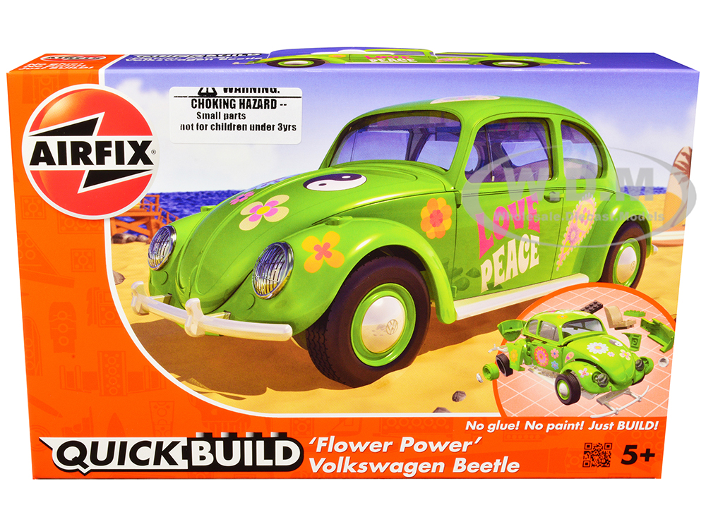 Skill 1 Model Kit Old Volkswagen Beetle Flower Power Snap Together Painted Plastic Model Car Kit by Airfix Quickbuild