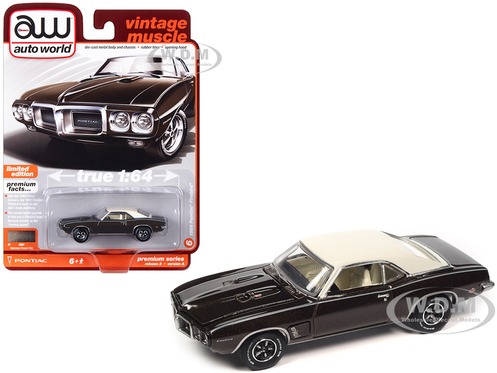 1969 Pontiac Firebird Espresso Brown Metallic with White Top Vintage Muscle Limited Edition 1/64 Diecast Model Car by Auto World