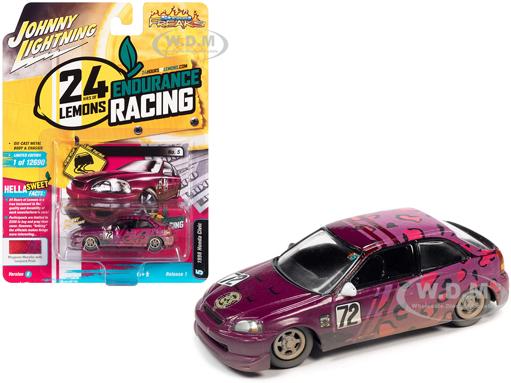 1998 Honda Civic #72 Magenta Metallic and Leopard Print (Raced Version) 24 Hours of Lemons (2019) Limited Edition to 12690 pieces Worldwide Street Freaks Series 1/64 Diecast Model Car by Johnny Lightning