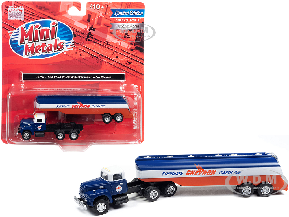 1954 IH R-190 Tractor Blue and White with Tanker Trailer Chevron Supreme Gasoline 1/87 (HO) Scale Model Truck by Classic Metal Works
