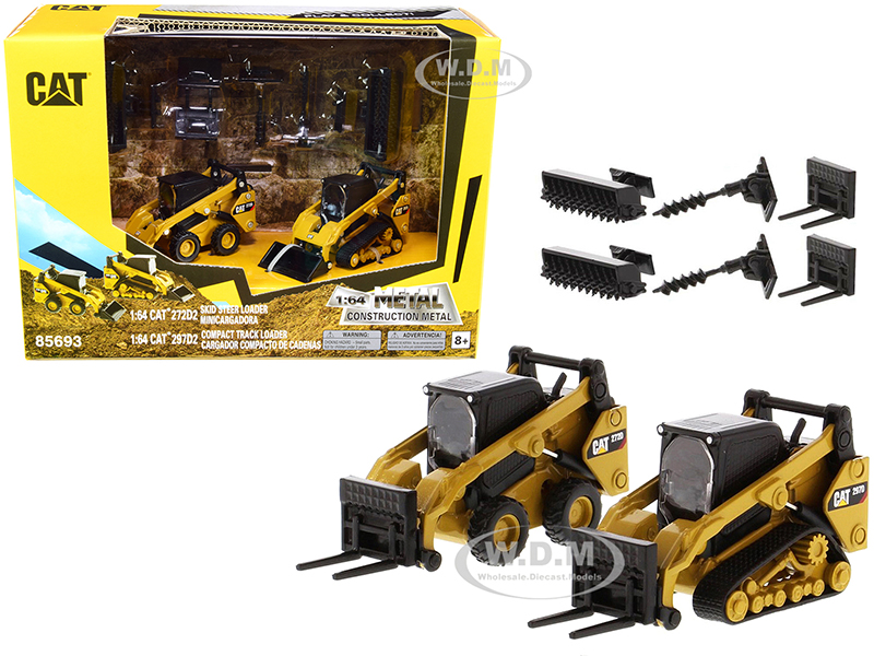 Set of 2 pieces CAT Caterpillar 272D2 Skid Steer Loader and CAT Caterpillar 297D2 Compact Track Loader with Accessories 1/64 Diecast Models by Diecast Masters