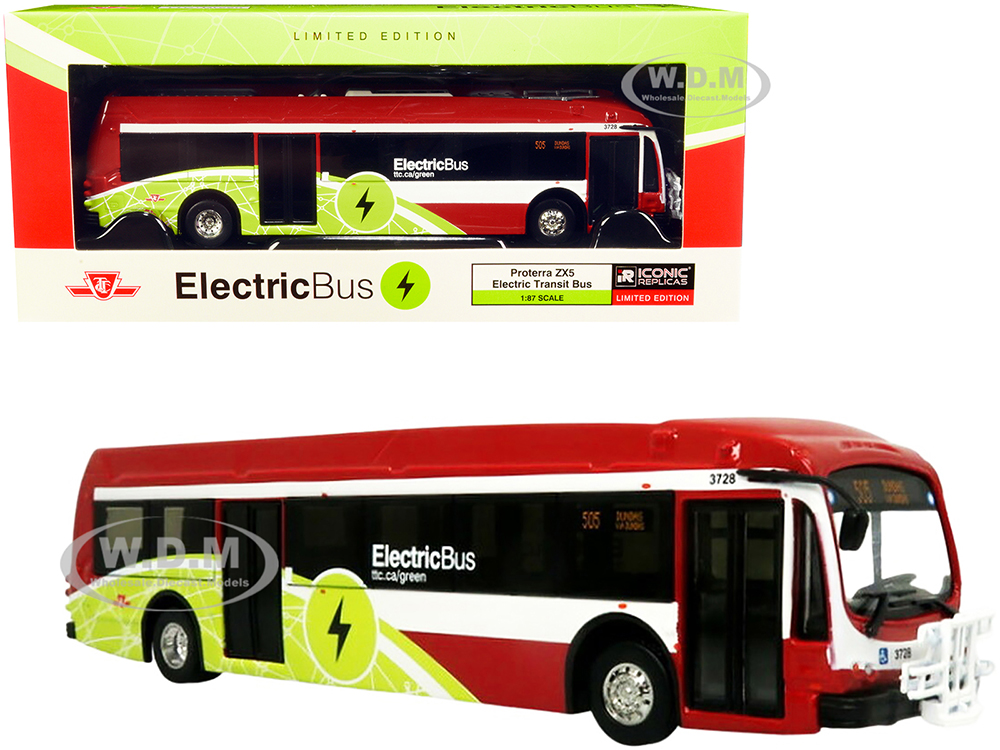 Proterra ZX5 Electric Transit Bus 505 "Dundas" "TTC Toronto Transit Commission" (Canada) Dark Red and White with Green Graphics 1/87 (HO) Diecast Mod
