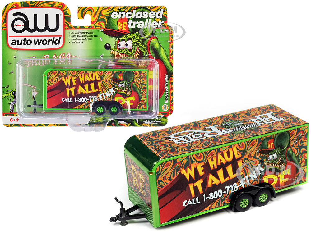 4-Wheel Enclosed Car Trailer Green with Graphics "Rat Fink We Haul it All" 1/64 Diecast Model by Auto World