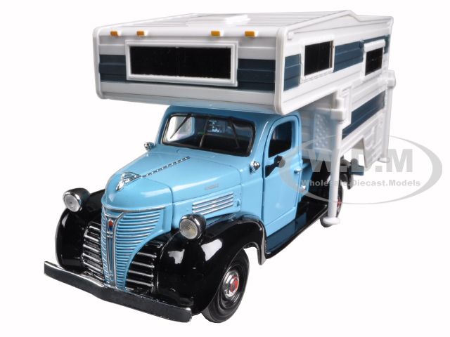 1941 Plymouth Pickup Truck with Camper Shell Light Blue and White 1/24 Diecast Model Car by Motormax