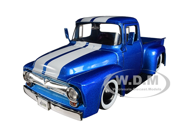 1956 Ford F-100 Pickup Truck Metallic Light Blue with White Stripes and Extra Wheels Just Trucks Series 1/24 Diecast Model Car by Jada