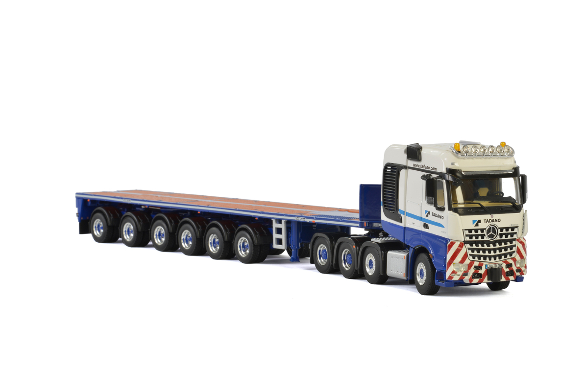 Image of Mercedes Benz Arocs 4163 Big Space SLT Truck 8x4 "Tadano" with "Goldholer" 6 Axle Ballast Trailer "WSI Premium Line" White and Blue 1/50 Diecast Mode