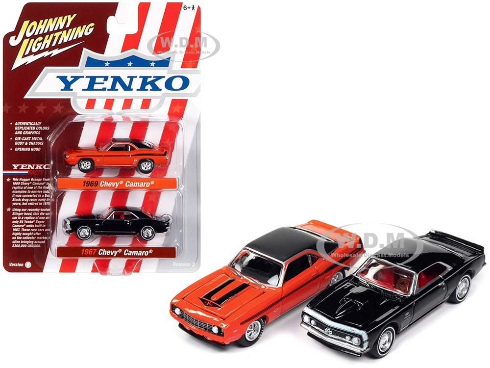 1969 Chevrolet Camaro Hugger Orange with Black Top and Stripes and 1967 Chevrolet Camaro Black with White Stripe and Red Interior Yenko Series Set of 2 Cars 1/64 Diecast Model Cars by Johnny Lightning