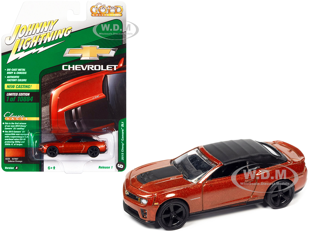 2013 Chevrolet Camaro ZL1 Convertible (Top Up) Inferno Orange Metallic with Black Top Classic Gold Collection Series Limited Edition to 10884 pieces Worldwide 1/64 Diecast Model Car by Johnny Lightning