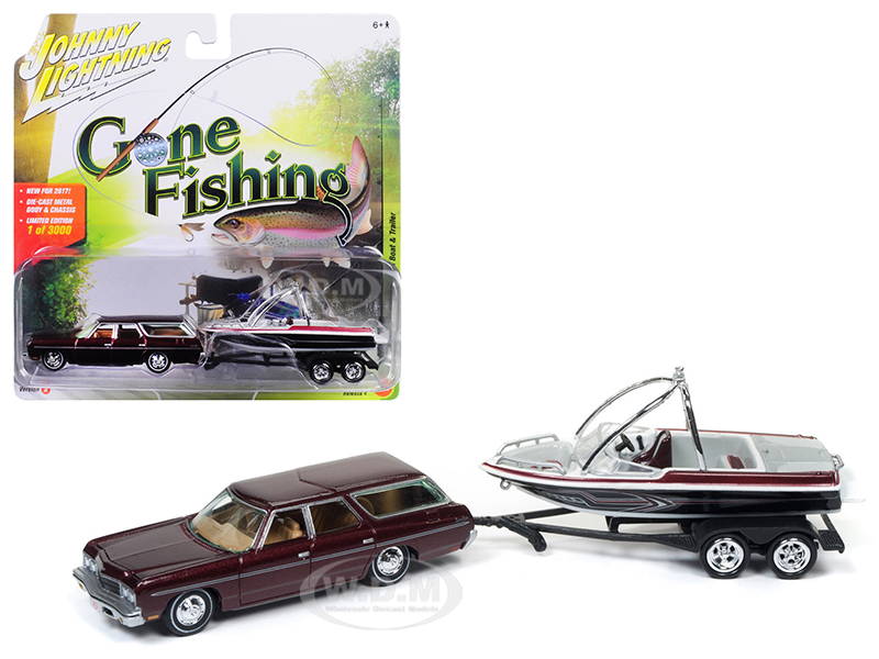 Image of 1973 Chevrolet Caprice Station Wagon Dark Red Poly with Malibu Boat "Gone Fishing" 1/64 Diecast Model Car by Johnny Lightning