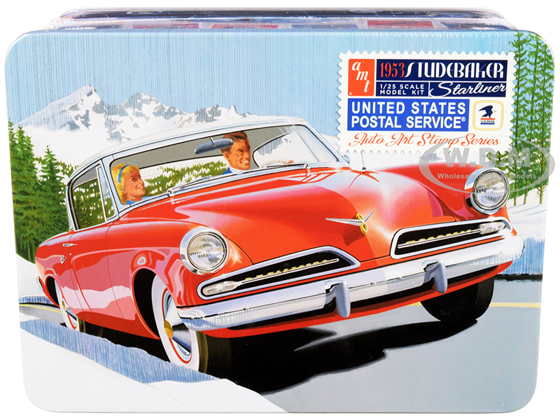 Skill 2 Model Kit 1953 Studebaker Starliner with USPS (United States Postal Service) Themed Collectible Tin Box 3-In-1 Kit 1/25 Scale Model by AMT