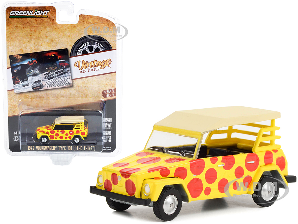 1974 Volkswagen Thing Type 181 Yellow with Red Polka Dots "Volkswagen Presents The Thing. It Can Be Anything" "Vintage Ad Cars" Series 8 1/64 Diecast
